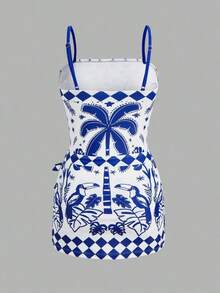 Swim Oasis 1 pieza Traje de baño de una pieza con estampado de palmeras tropicales azul y blanco para mujer, elegante y casual para cubrir en la playa y vacaciones - Azul y blanco - Ver 3