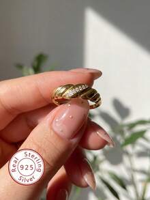 1 pieza Anillo versátil de plata de ley 925 con forma de media luna y micro-incrustaciones, adecuado para uso diario y fiestas de mujeres, anillo de alta calidad para damas, regalo de joyería exquisito - Anillo de croissant - Ver 2