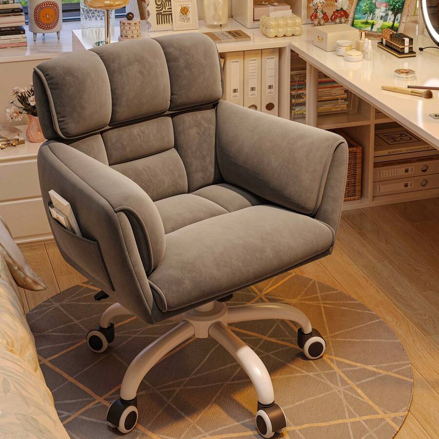 EnHomee Home Office Chair With Wheels & Side Pockets Vanity Chair Adjustable Height Soft Upholstered Modern Desk Chair With Backrest & Arm For Bedroom, Grey - Grey - View 1