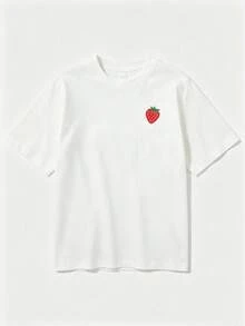 Single Garment Set, Not A 3-Piece Set. 1 Piece/Set Of Short-Sleeved T-Shirts Suitable For Streetwear. Oversized Crew Neck Top For Daily Outings, Camping, Concerts, Hip-Hop, Rock, And Rap Events For Women. It Consists Of A Short-Sleeved Crew Neck T-Shirt With A Simple And Casual Design Of Hearts, Bows, And Strawberries. The Women's Short-Sleeved Crew Neck T-Shirt Is Made Of 100% Cotton And Contains 220 Grams Of Cotton, Providing A Soft And Comfortable Feel, Suitable For Spring, Summer, Autumn, And Winter. Widely Used For Fitness Exercises, Daily Wear, Vacations, School, Office, Meetings, And Other Suitable Occasions. T-Shirts For Women And Men, Summer T-Shirts. Black, White, Beige - 白色 - 查看 2