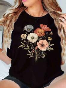 Camiseta de manga corta con cuello redondo y estampado floral para mujer, estilo casual y holgado, para verano. - Negro - Ver 6