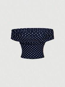 Blusa elegante de mujer con lunares y malla versátil, ideal para vacaciones de verano - Azul marino - Ver 7