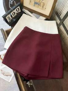 Pantalones cortos/falda/culotte/shorts de mujer de tela suave y texturizada de cintura alta con abertura, de estilo casual y versátil para uso diario, primavera/otoño - Rojo violeta - Ver 3