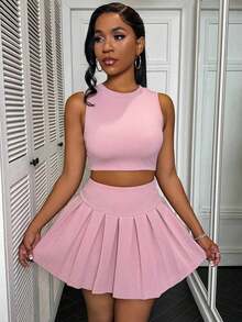 2 piezas Conjunto para mujer con top de tirantes con corazón calado y falda plisada - Rosa - Ver 3