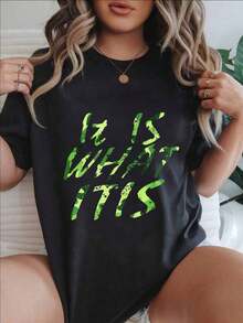 Vintage It Is What It Is - Camiseta Casual Estampada de Moda para Mujer, Adecuada para Todas las Temporadas  
 BlackFashion - Negro - Ver 1