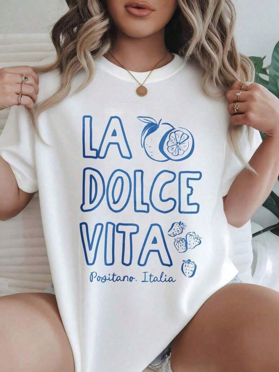 Women's Casual Short Sleeve T-Shirt - La Dolce Vita Positano Italy With Fruit Design, Round Neck, Summer Top, Machine Washable, Ladies' T-Shirts, Casual Wear, Modern Style, Comfortable Fit
-White - 白色 - 查看 1
