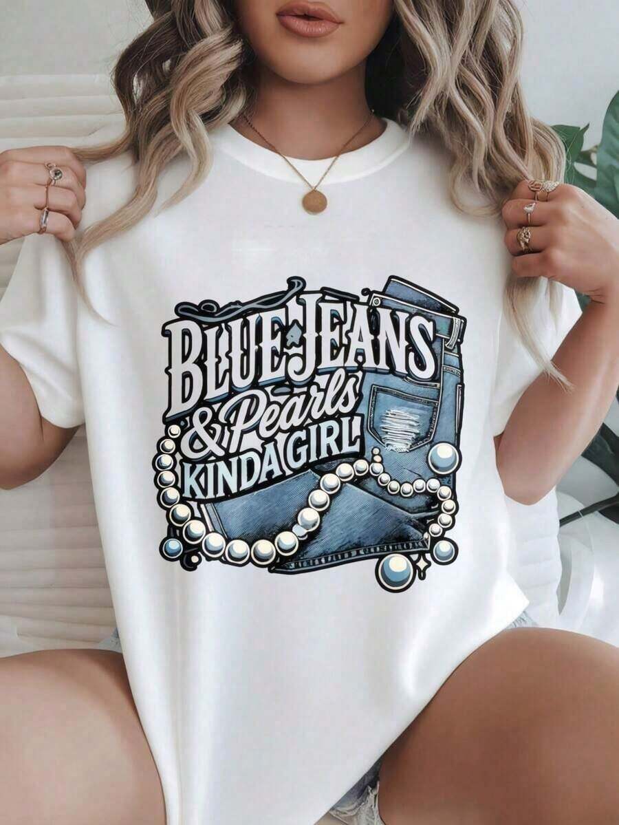 Women's Casual Short Sleeve T-Shirt - Blue Jeans And Pearls Kinda Girl Style, Round Neck, Summer Top, Machine Washable, Ladies' T-Shirts, Casual Wear, Modern Look, Comfortable Fit
Black - 白色 - 查看 1