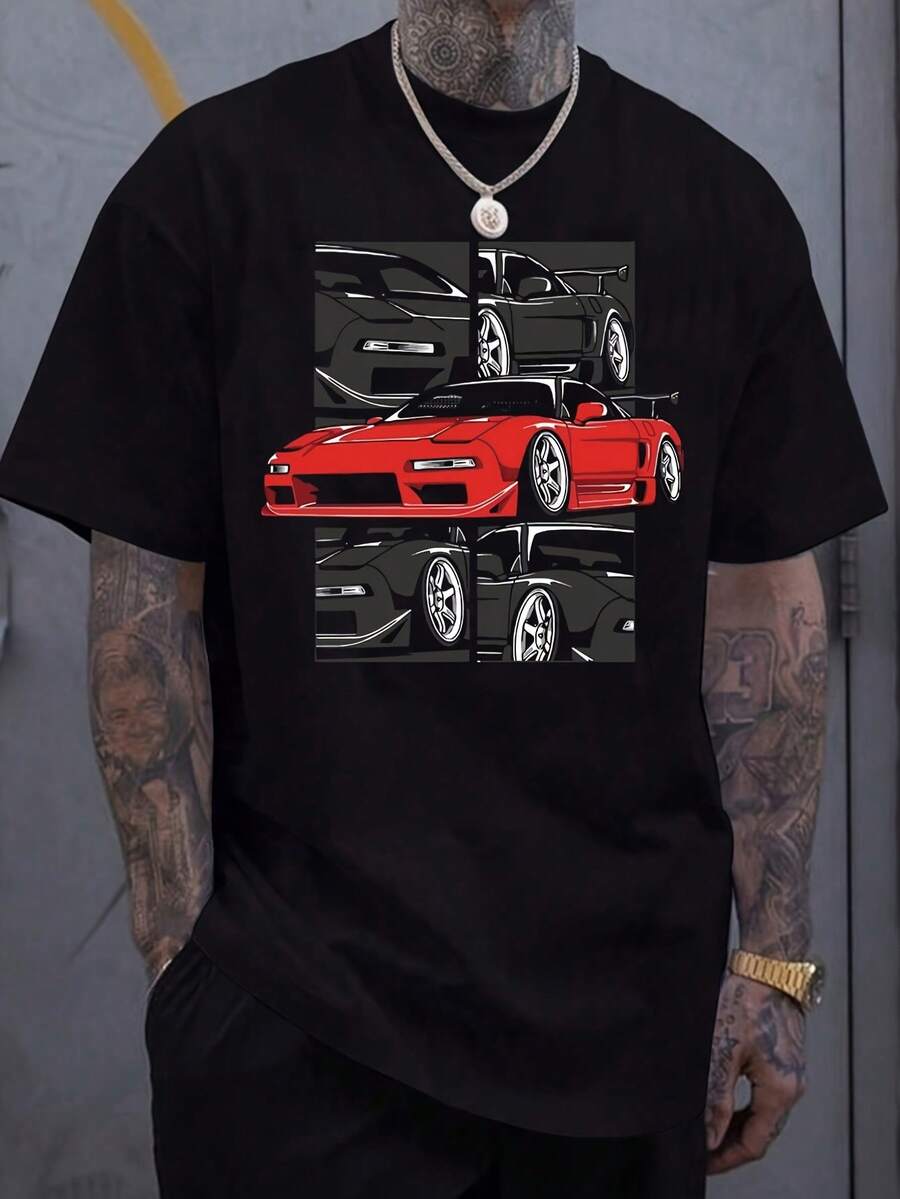 Camiseta de manga corta para hombre, con diseño estampado de un coche rojo, estilo urbano americano, cuello redondo holgado, perfecta para primavera y verano. - Negro - Ver 1
