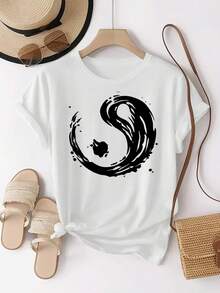 Women's Tai Chi Yin-Yang Print T-Shirt - Taiji Water Ink Design, Short Sleeve And Round Neck - Comfortable Casual And Arts Clothing (Machine Washable) Daily Wear For Sweet Girls Or Students, Cool And Sweat-Free Summer Clothing, Elegant Party Outfit, T-Shirt For Elegant Ladies, Blouses Suitable For Curvy Women - 白色 - 查看 1