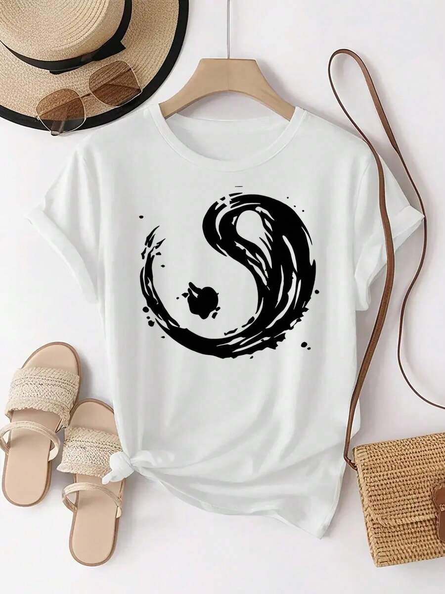 Women's Tai Chi Yin-Yang Print T-Shirt - Taiji Water Ink Design, Short Sleeve And Round Neck - Comfortable Casual And Arts Clothing (Machine Washable) Daily Wear For Sweet Girls Or Students, Cool And Sweat-Free Summer Clothing, Elegant Party Outfit, T-Shirt For Elegant Ladies, Blouses Suitable For Curvy Women - 白色 - 查看 1