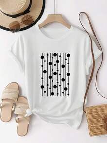 Camiseta rosa con lunares s y patrón de líneas, fácil y elegante. Camiseta deportiva de moda para mujer, cómoda, de manga corta y cuello redondo, con estampado de patrón personalizado para uso diario casual. Ropa diaria para chicas dulces o estudiantes ,Ropa fresca y sin sudor en verano,Traje de fiesta elegante,T-shirt para damas elegantes,Blusas adecuadas para mujeres con curva, - Blanco - Ver 1