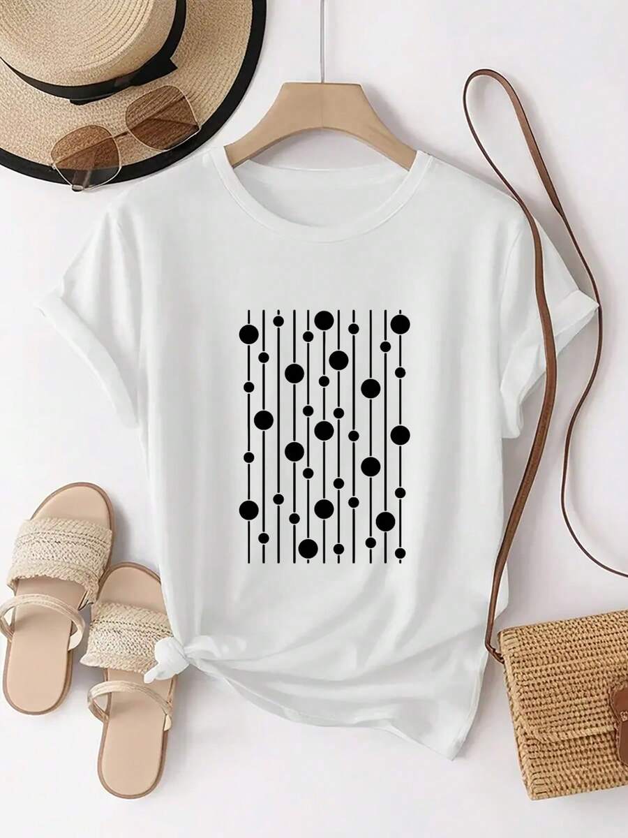 Camiseta rosa con lunares s y patrón de líneas, fácil y elegante. Camiseta deportiva de moda para mujer, cómoda, de manga corta y cuello redondo, con estampado de patrón personalizado para uso diario casual. Ropa diaria para chicas dulces o estudiantes ,Ropa fresca y sin sudor en verano,Traje de fiesta elegante,T-shirt para damas elegantes,Blusas adecuadas para mujeres con curva, - Blanco - Ver 1