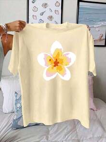 Camiseta de Verano con Estampado Floral de Flores, Cuello Redondo, Manga Corta, Estilo Casual Minimalista Fresco para Vacaciones, de Algodón Puro con Estampado de Letras. - Albaricoque - Ver 4