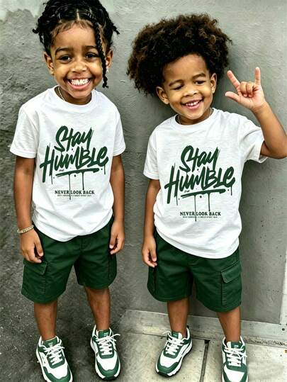 2-Piece Boys Streetwear Outfit "Stay Humble" Graffiti Print Short-Sleeve T-Shirt + Green Workwear Shorts Set, Soft Fabric Summer Casual Wear Tween Boy Outfit