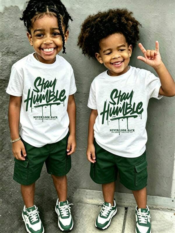 2-Piece Boys Streetwear Outfit "Stay Humble" Graffiti Print Short-Sleeve T-Shirt + Green Workwear Shorts Set, Soft Fabric Summer Casual Wear Tween Boy Outfit