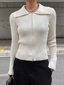 Chaqueta de punto con cremallera de unicolor casual de negocios para mujer - Beis - Ver 4