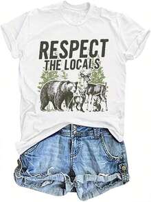 1 camiseta "Respect The Local Wildlife", camiseta de naturaleza, camiseta rústica con estampado de oso, ciervo y lobo de montaña, camiseta de regalo para campamento, 180g 100% algodón, los diseños están impresos. Unisexo. - Blanco - Ver 6