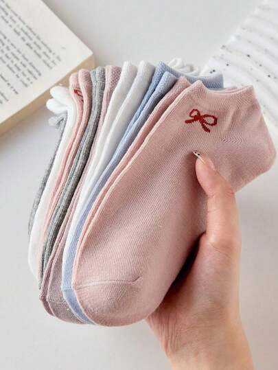 1/5 Pairs Women's Short Socks, Bowknot Candy Color Short Socks, Simple And Comfortable, Random Color