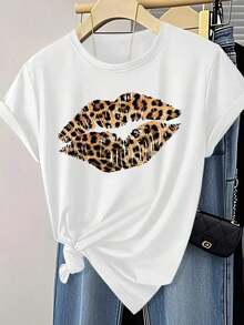 Camiseta Casual con Estampado de Labios de Leopardo, Cuello Redondo, 100% Algodón, Resistente - Blanco - Ver 2