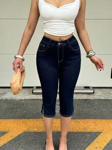 Mid-Rise Vintage Elastic Slit Hem 7/8 Skinny Fit Jeans, Slim Leg Denim Shorts, Suitable For Casual Outings, Dates In Spring And Summer - Dark Blue - View 5