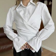 A Sophisticated Coffee, Apricot, Blue, Red, Pink Or White Striped Long-Sleeve Shirt With A Flattering Waist-Cinching Cut And A Unique Cross-Front Design – Elevating Casual Elegance For Evening Parties, Work-From-Home Lounging & Everyday Chic. Elitara Dresses Elitara - 白色 - 查看 1