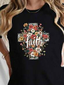 Camiseta estampada de manga corta y cuello redondo, moderna y elegante.Camiseta con estampado floral y de la cruz, informal, de manga corta y cuello redondo para primavera y verano, ropa de mujer.Transpirable y de secado rápido: informal y cómoda, perfecta para el verano, reuniones festivas y atuendos de celebración.¡Feliz Día de la Madre!Pascua, regalos de Pascua, conjuntos de ropa de Pascua, camisetas del Mundial, camisetas de amor y paz, camisetas de hombre, ropa de hombre, camisas para hombre, blusas para mujer, blusas, playeras de mujer, blusas casuales para dama, tops, tops, camisas para hombre,playeras de hombre, te brinda comodidad y una sensación agradable.playeras de mujer,playeras de hombre. - Negro - Ver 1