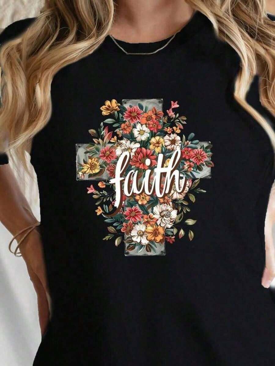 Camiseta estampada de manga corta y cuello redondo, moderna y elegante.Camiseta con estampado floral y de la cruz, informal, de manga corta y cuello redondo para primavera y verano, ropa de mujer.Transpirable y de secado rápido: informal y cómoda, perfecta para el verano, reuniones festivas y atuendos de celebración.¡Feliz Día de la Madre!Pascua, regalos de Pascua, conjuntos de ropa de Pascua, camisetas del Mundial, camisetas de amor y paz, camisetas de hombre, ropa de hombre, camisas para hombre, blusas para mujer, blusas, playeras de mujer, blusas casuales para dama, tops, tops, camisas para hombre,playeras de hombre, te brinda comodidad y una sensación agradable.playeras de mujer,playeras de hombre. - Negro - Ver 1