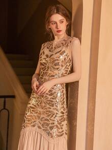 Women's Long Party Dress With V-Neck, Sequin And Lace Embroidery On The Top, Flowing Chiffon Skirt, Various Colors (Green, Black, Red, Champagne), Ideal For Banquets And Formal Events. - 杏色 - 查看 1