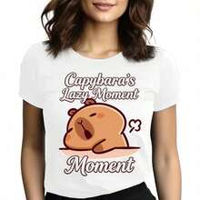 Tops para mujer de algodón de manga corta y cuello redondo para mujer, diseño Capybara's Lazy Moment, estilo casual y lindo. - Blanco - Ver 1