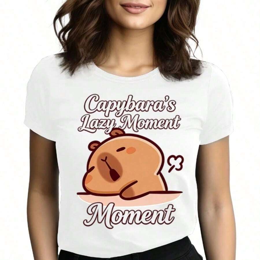 Tops para mujer de algodón de manga corta y cuello redondo para mujer, diseño Capybara's Lazy Moment, estilo casual y lindo. - Blanco - Ver 1