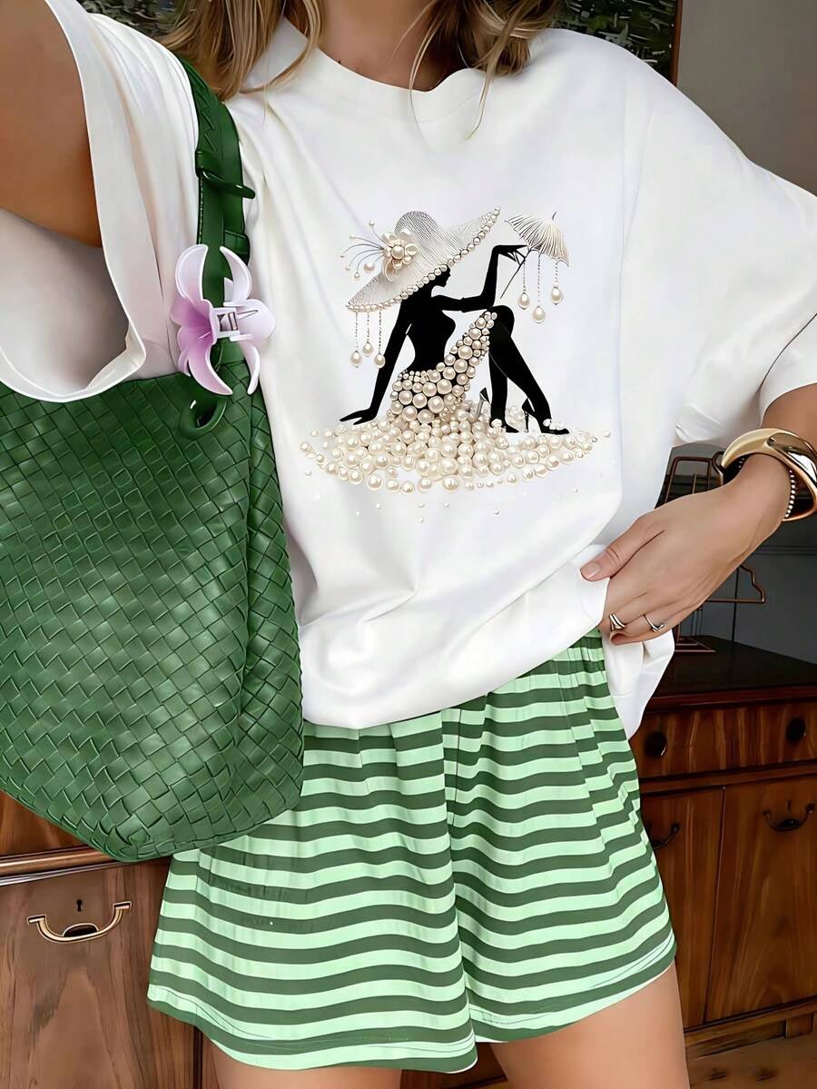 Elegant Rhinestone Heart Flower Graphic T-Shirt, 100% Cotton Oversized Soft Breathable Romantic Tee, Casual Crewneck Short Sleeve Top for Brunch Dates & Fashion Lovers