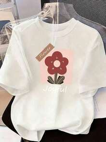 Happy Minimalist Floral Print T-Shirt, Fashionable Short-Sleeved T-Shirt For Spring And Summer 2026. Cartoon Print, Couple Style, Suitable For Indoor Or Outdoor Wear. Round Neck, Unisex, Ideal For Office And Leisure. - WH-P631557LNDXZGY263 - 查看 2