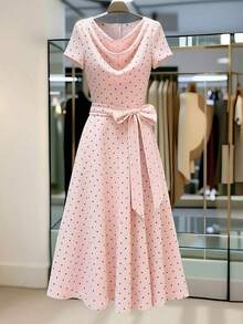 Vestido corto de manga corta de estilo minimalista y romántico para uso diario y casual, con cuello con volantes, lazo en la cintura y estampado de lunares al estilo francés, para primavera/verano - Albaricoque - Ver 9