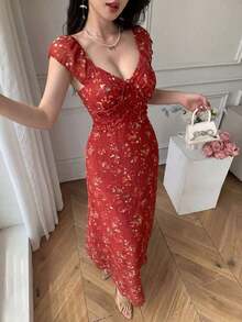 Vestido largo de verano con cuello en V, estampado floral y cintura ceñida - Celeste - Ver 9
