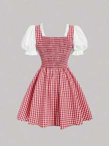 MOD Vestido De Mujer Vintage De Cuadros Azules Y Parches - Rojo - Ver 2