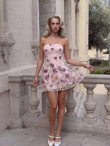 Charm Vestido con tirantes de mujer con bordado, vestido romántico para vacaciones y fiesta de boda, vestido rosa - Rosa - Ver 5