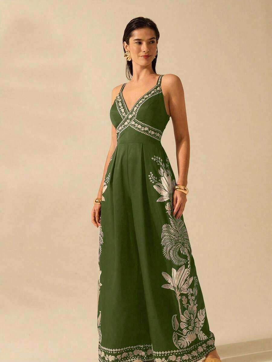 Mono largo sin mangas de mujer con estampado de árbol de plátano y árbol de coco, estilo bohemio, para vacaciones, casual, playa, verano - Verde - Ver 1