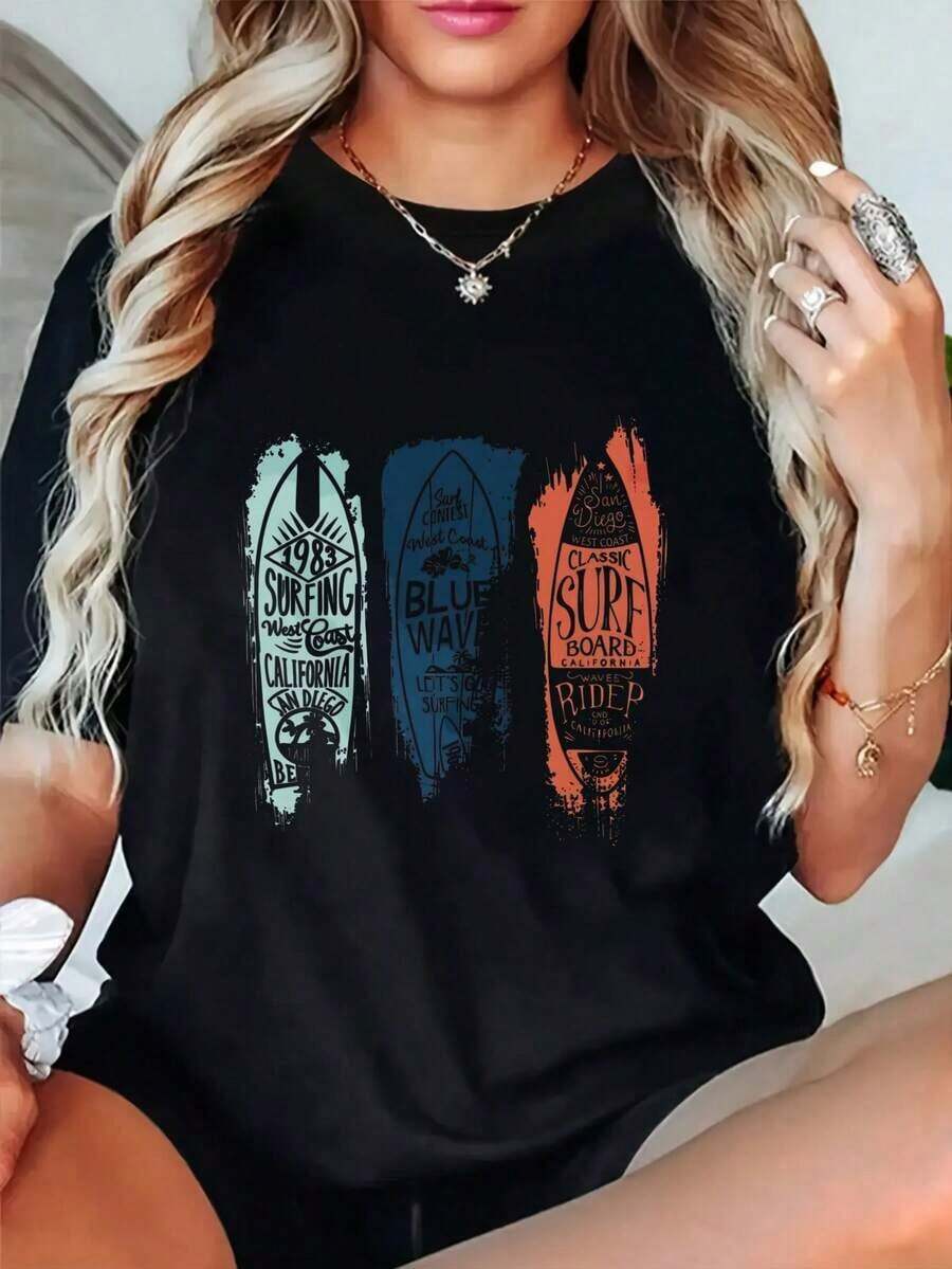 Women's Modern Minimalist Cotton T-Shirt, Short Sleeve, White Options, Breathable, Loose Fit, Round Neck, Classic Blue Surf Wave Design, Oversized Graphic Tees, Exquisite Design, Casual And Modern Style, Summer T-Shirts, Suitable For Casual Daily Wear, Home Workouts, Outdoor Activities, Beach Vacation, Ideal For Gifting Women's Clothing. - 黑色 - 查看 1