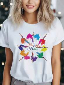 Playera minimalista moderna para mujer - Camiseta vibrante con estampado de letras y efecto tie-dye para festivales - Suave, transpirable, de cuello redondo y manga corta para uso diario, fitness y actividades al aire libre - Atuendo para el Día de San Patricio - Ropa de verano para mujer - Tops de verano - Ropa de vacaciones para mujer. - Blanco - Ver 1