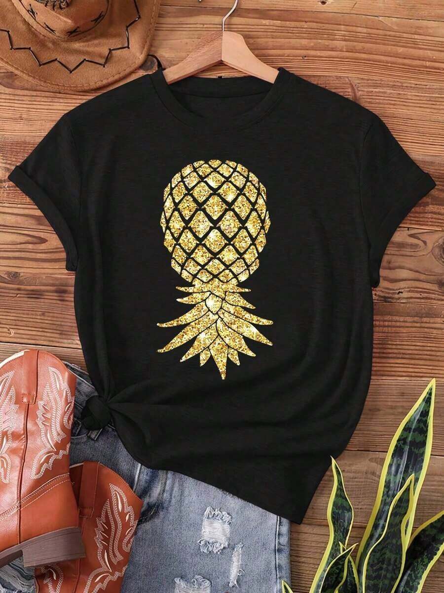 Camiseta de mujer moderna, informal, para fiestas y para estar en casa, 100% algodón, corte holgado. Camiseta casual para mujer con estampado de piña dorada, manga corta y cuello redondo, blusa para primavera y verano, ropa casual, cómoda y con diseño tropical - Negro - Ver 1
