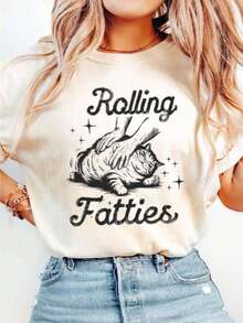 Camisetas Premium Casuales Unisex con Diseño de Gato "Rolling Fatties", Camiseta con Gráfico de Gato, Regalo para Amantes de Gatos, Camiseta para Enamorados, Camiseta Divertida, Camisetas Graciosas para Mujer Unisex - Blanco - Ver 6