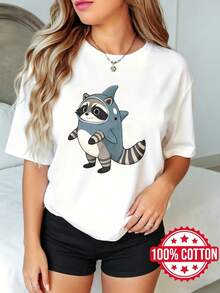 Women's Short Sleeve T-Shirt With Round Neck And Print, Summer Cartoon Raccoon Shark S-3XL 100% Cotton Breathable Material - 白色 - 查看 1