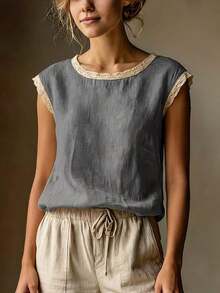 Blusa de manga corta de lino vintage para mujer, camiseta holgada de mezcla de lino con cuello redondo y parches de encaje, transpirable, para verano - Gris de alta calidad - Ver 3