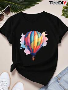 Camiseta de Mujer Talla con Estampado Acuarela Globo Aerostático - Cuello Redondo, Manga Corta, Verano Casual en Rosa Pastel y Azul Multicolor. Lavable aáquina para Festivales o Uso Diario (Diseño Temática Globerro), Camiseta con Estampado de Globos, Top de Globo, Top de Globo, Top de Globo para Mujeres, Tops de Globo para Mujeres, Camisa de Globos para Mujer, Top de Brazo con Globo para Mujeres, Camisetas Gráficas de Talla para Mujer, Tops para Mujeres de - Negro - Ver 6