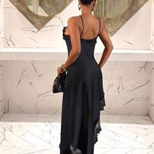 Slayr Women's Elegant Solid Color Lace Patchwork Asymmetric Hem Dress, Summer,Black Dress For Women - Negro - Ver 3