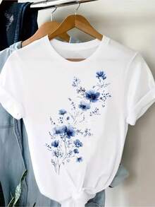 1 pieza de camiseta sin cuello |   Elegante diseño floral, camiseta básica suave para uso diario, adecuada para primavera/otoño/verano, camisa casual y bonita, mangas cortas, ajuste cómodo, top versátil, material transpirable, camisa a la moda, sin Fashion180g Algodón 100%. - Blanco - Ver 1
