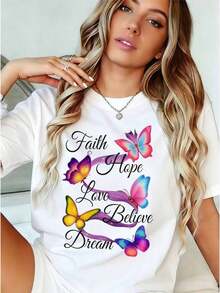Women's Clothing: Women's T-Shirt With "Butterfly" Print | Casual Loose Fit, Short Sleeves, Round Neck, Medium Stretch, Vibrant Butterfly And Flower Print Design, Fashionable T-Shirt For Spring, Summer, And Autumn, Butterfly Shirt, Pure Cotton Printed Short-Sleeve Top, Round Neck, Stretchy Fabric, Fashionable Top For Spring/Summer, An Ideal Gift For Mothers And Women. Women's Shirts - 白色 - 查看 1