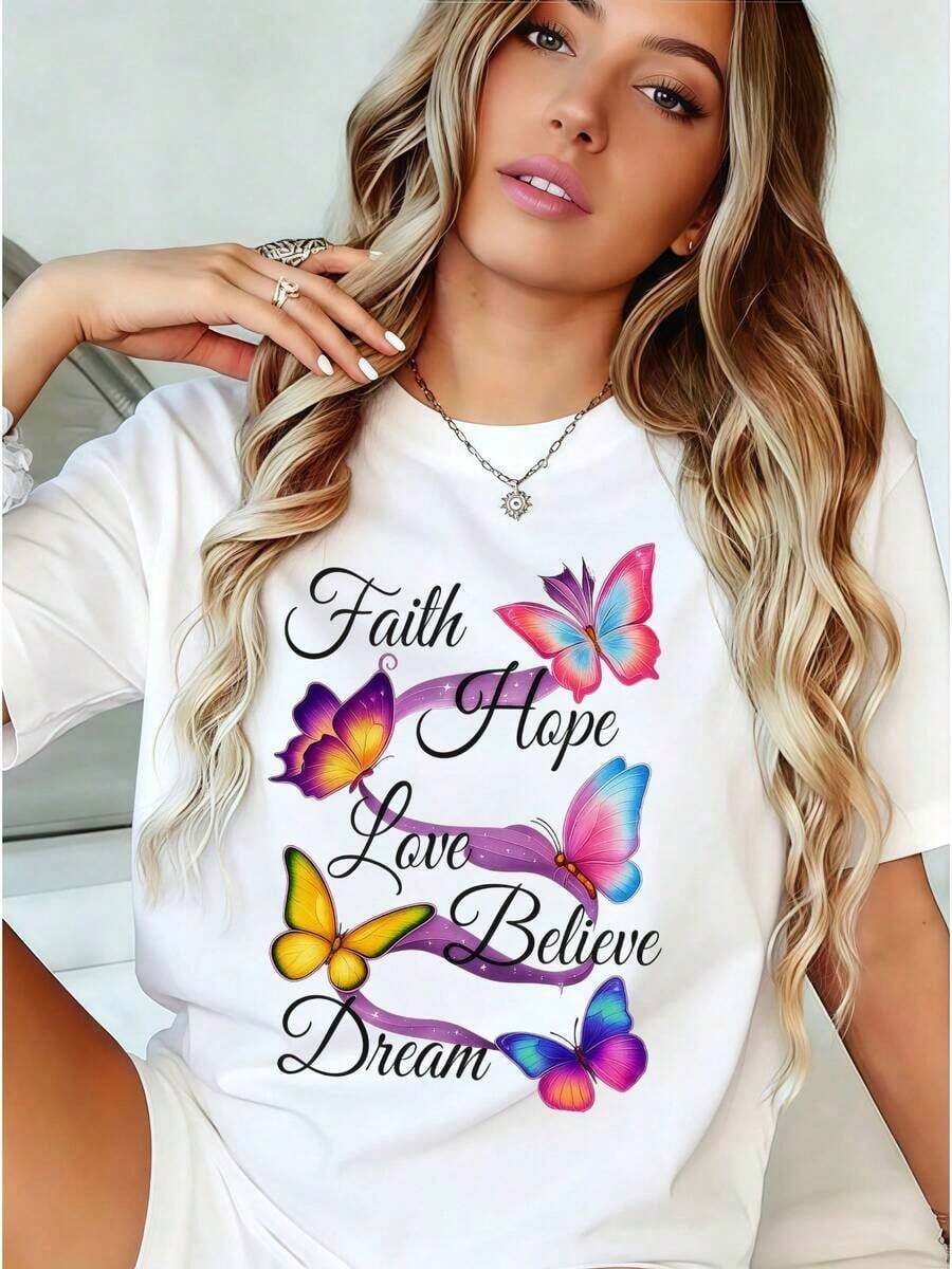 Women's Clothing: Women's T-Shirt With "Butterfly" Print | Casual Loose Fit, Short Sleeves, Round Neck, Medium Stretch, Vibrant Butterfly And Flower Print Design, Fashionable T-Shirt For Spring, Summer, And Autumn, Butterfly Shirt, Pure Cotton Printed Short-Sleeve Top, Round Neck, Stretchy Fabric, Fashionable Top For Spring/Summer, An Ideal Gift For Mothers And Women. Women's Shirts - 白色 - 查看 1