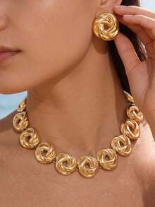 1 Set Vintage Chic Gold Twist Knot Flower Necklace & Earrings Jewelry Set, Gift For Women, Party & Gathering - Yellow Gold - View 4