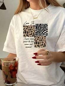 ClassicCamiseta manga corta grafico animal print con texto diseño atemporal  cuello redondo estilo moderno casualSummer Tee - Blanco - Ver 6